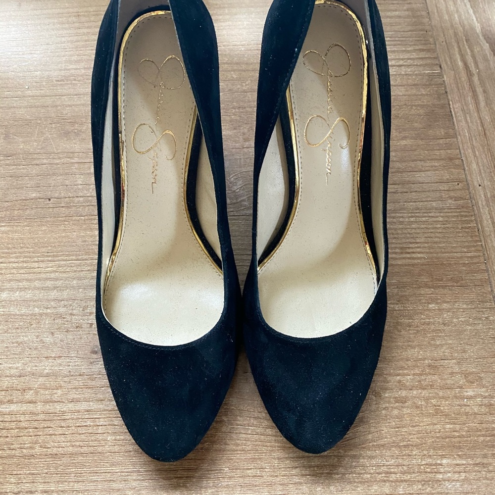 Jessica Simpson Black Suede gold studded heel.